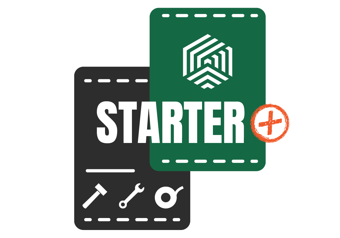 Starter Plus package banner for Maker Cube in Langley, BC, includes first month of membership, first classes, access key, storage, safety glasses, and material credit
