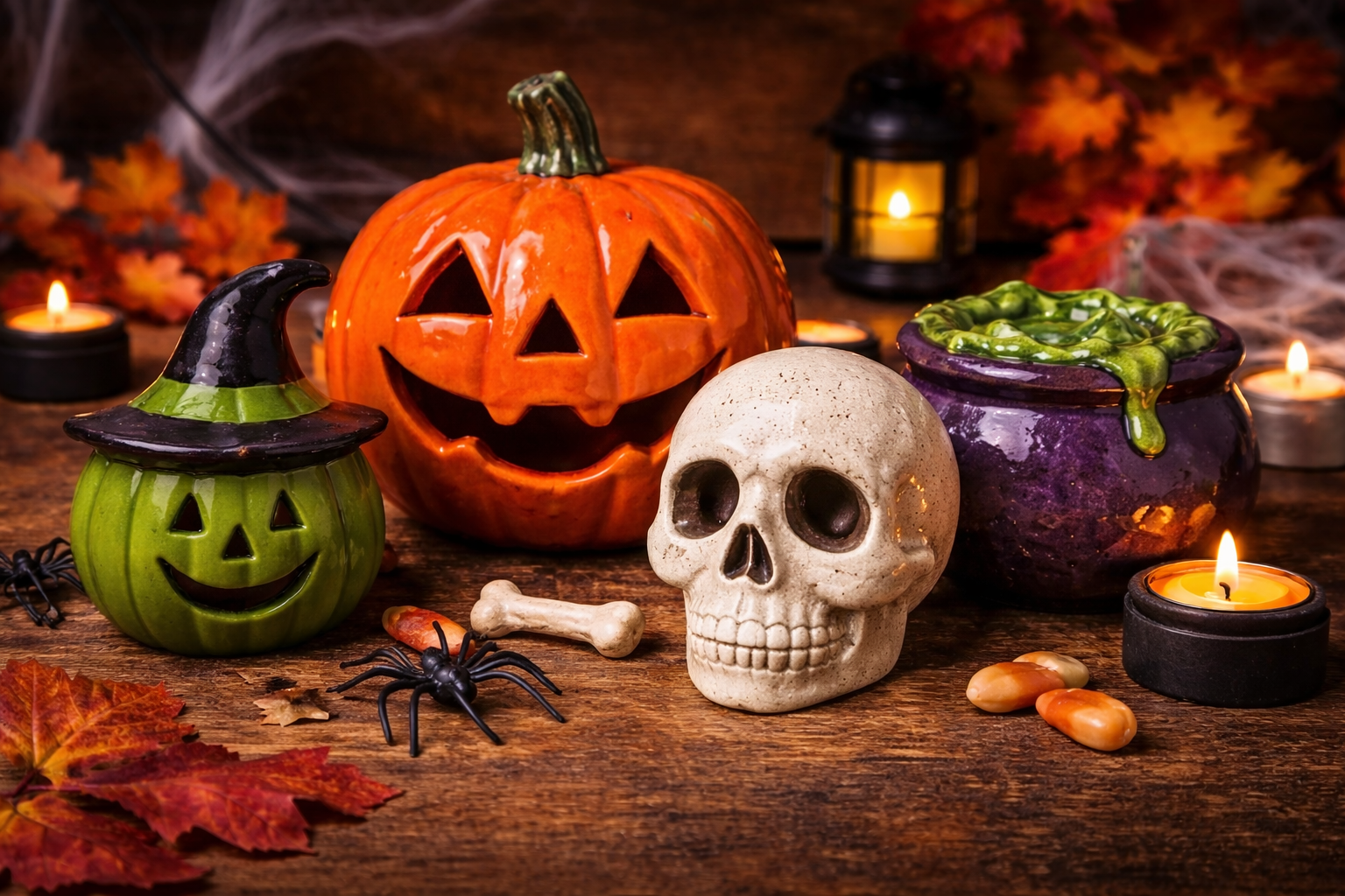 Ceramic Halloween decorations including pumpkins, a skull, and a witch hat