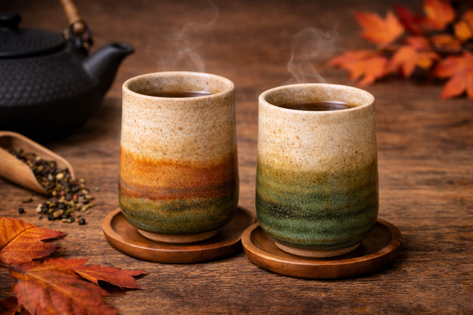 Two Japanese-style yunomi teacups with warm autumn glazes on a wooden table