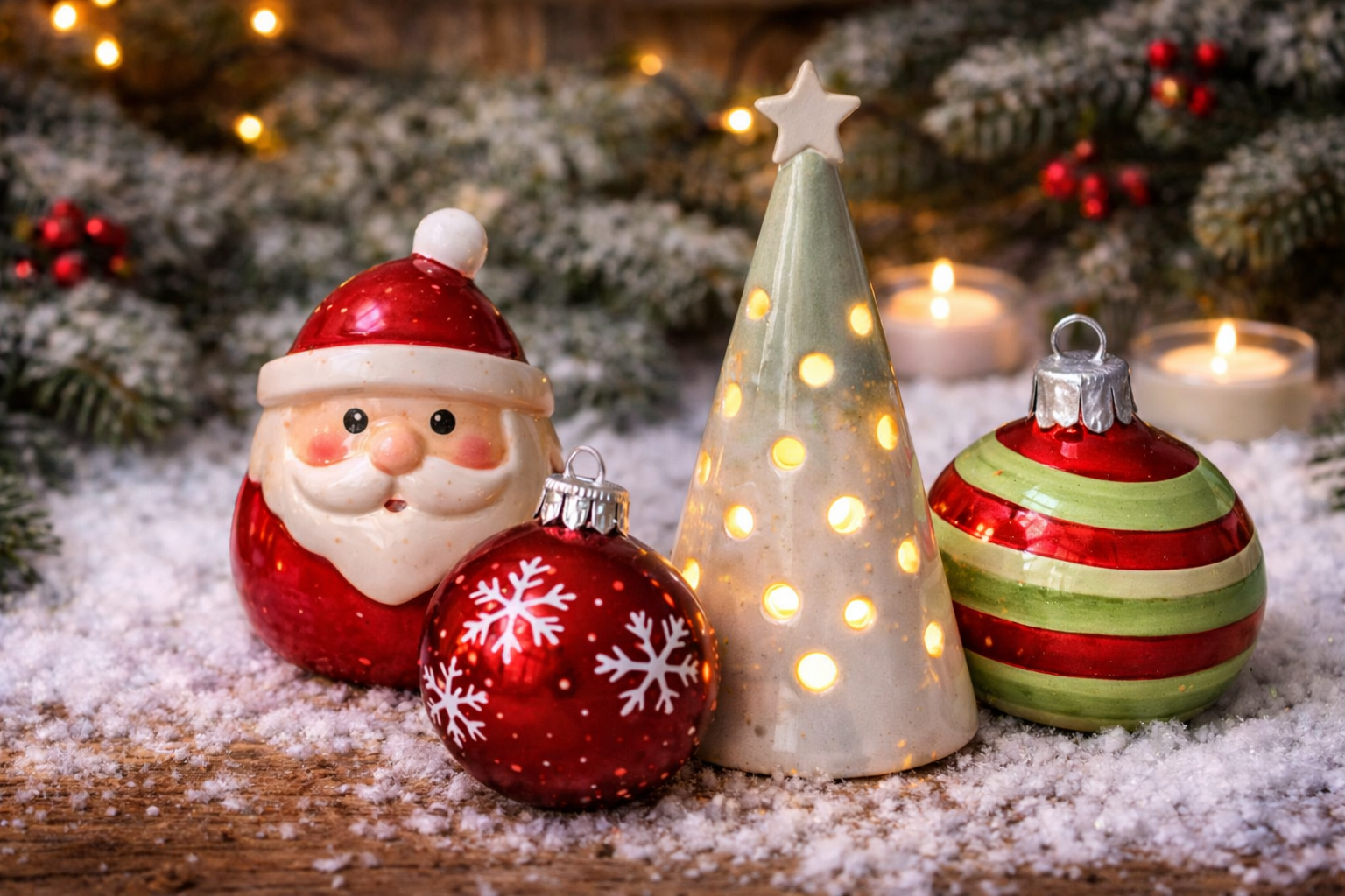Ceramic Christmas decorations with Santa, ornaments, and a cone tree lantern