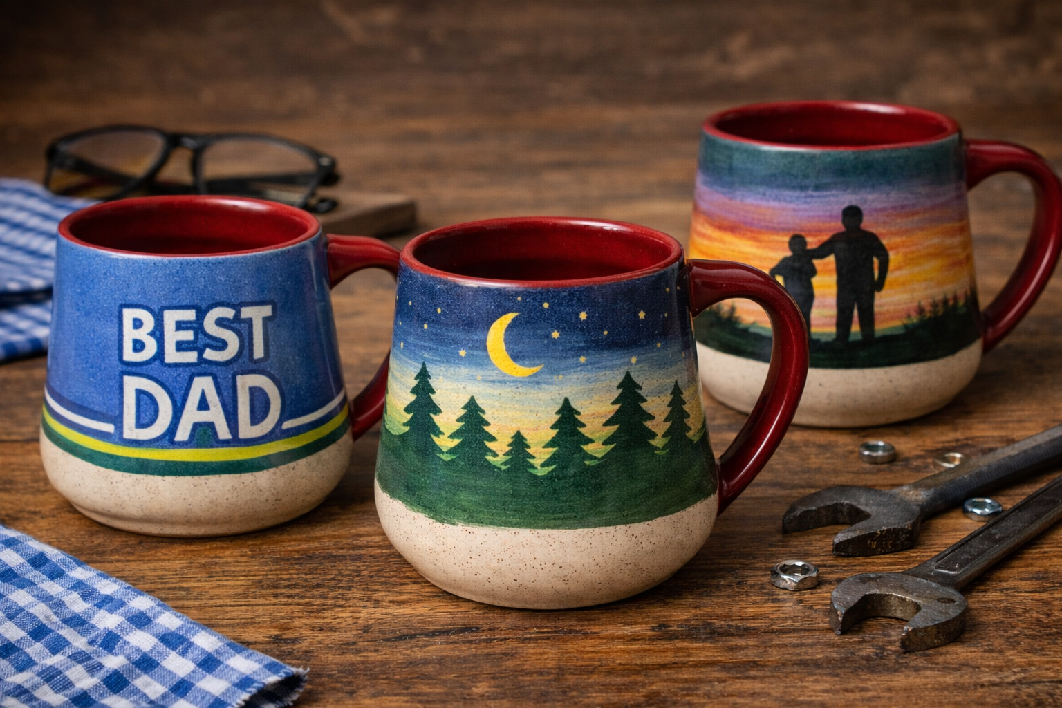 Hand-painted ceramic mugs with simple Father’s Day themed designs on a wooden table