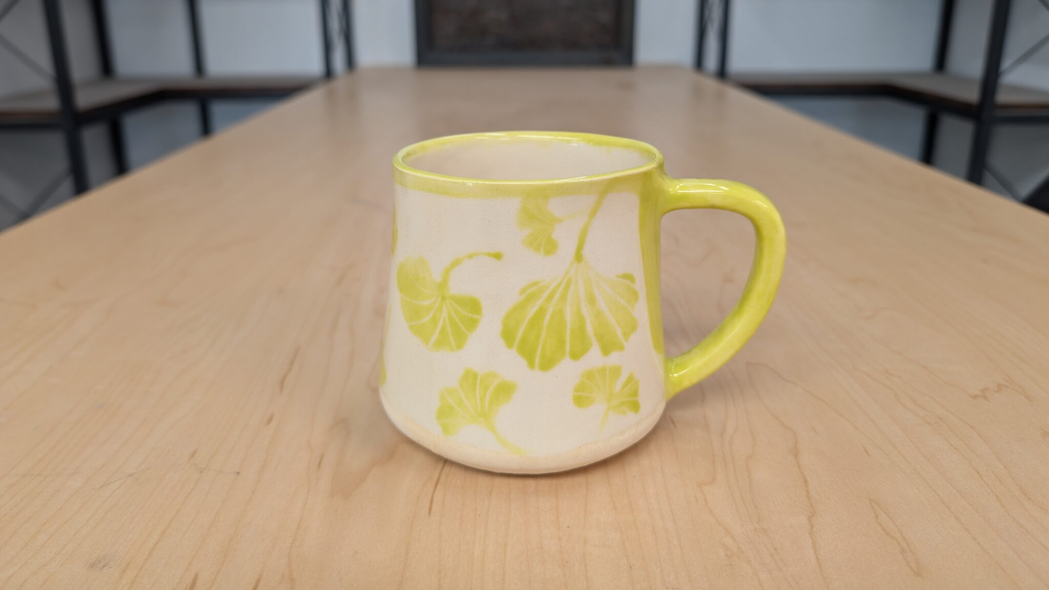 Sample Bright Green Ginkgo Mug painting at Maker Cube